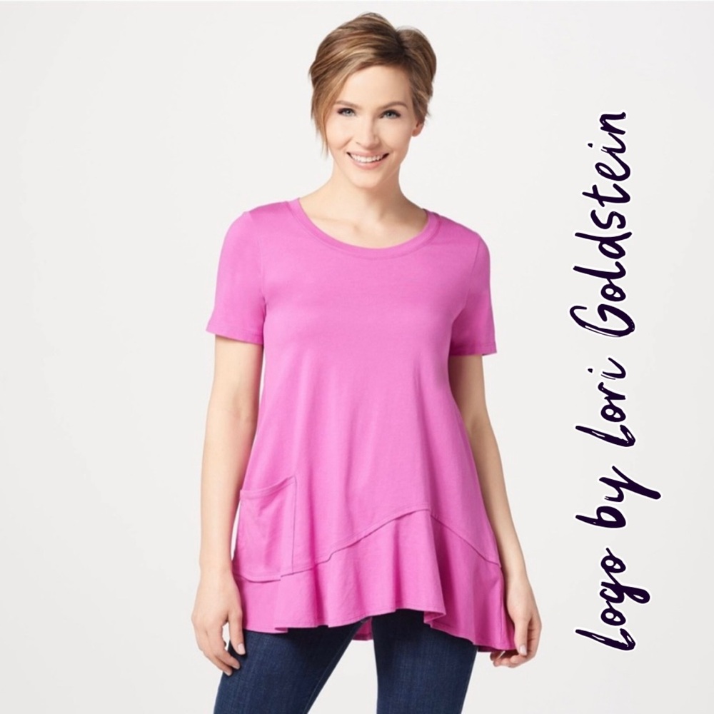 LOGO by Lori Goldstein 1X Rosebud Short Sleeve Knit Top w/Asymmetric Hem